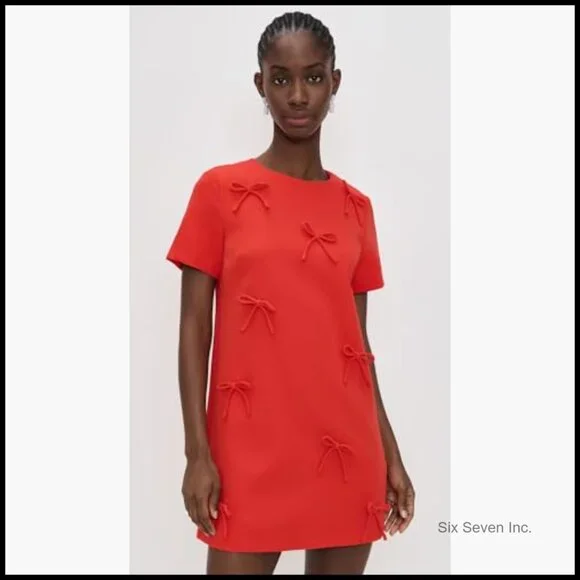 Polyester Mini Dress with Bow Appliques, Hidden Back Zip